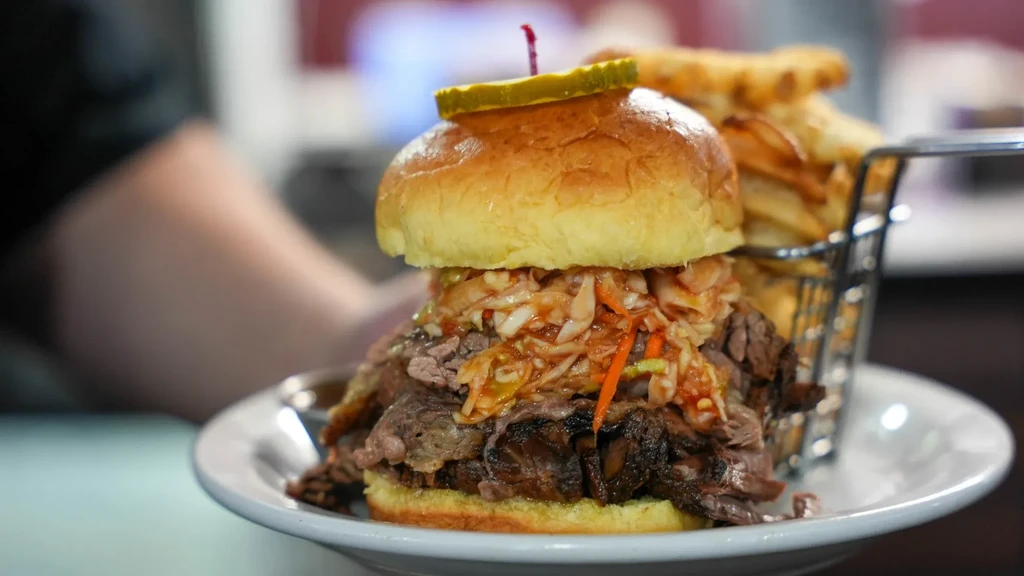 Close-up of pulled meat sandwich with coleslaw, pickle, and fries.