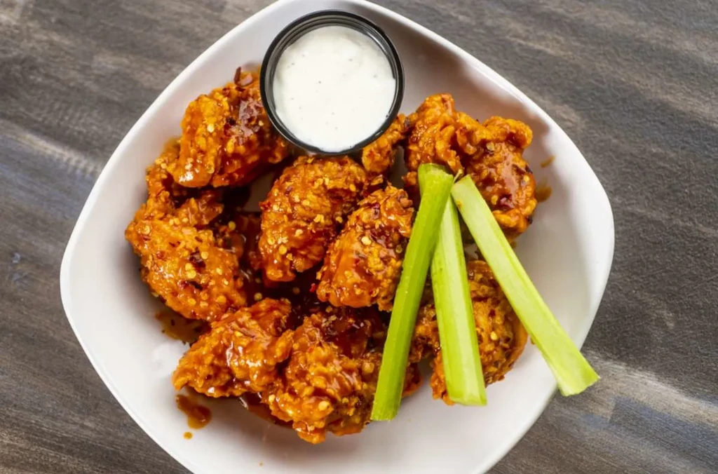 Spicy orange-red boneless chicken wings in a bowl with celery and dip.