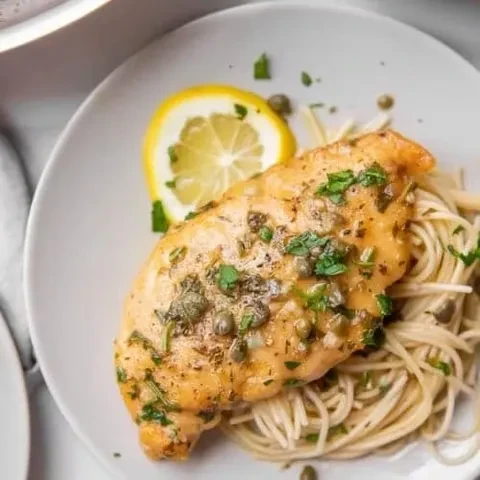 Golden chicken breast with capers, herbs, lemon, and spaghetti.