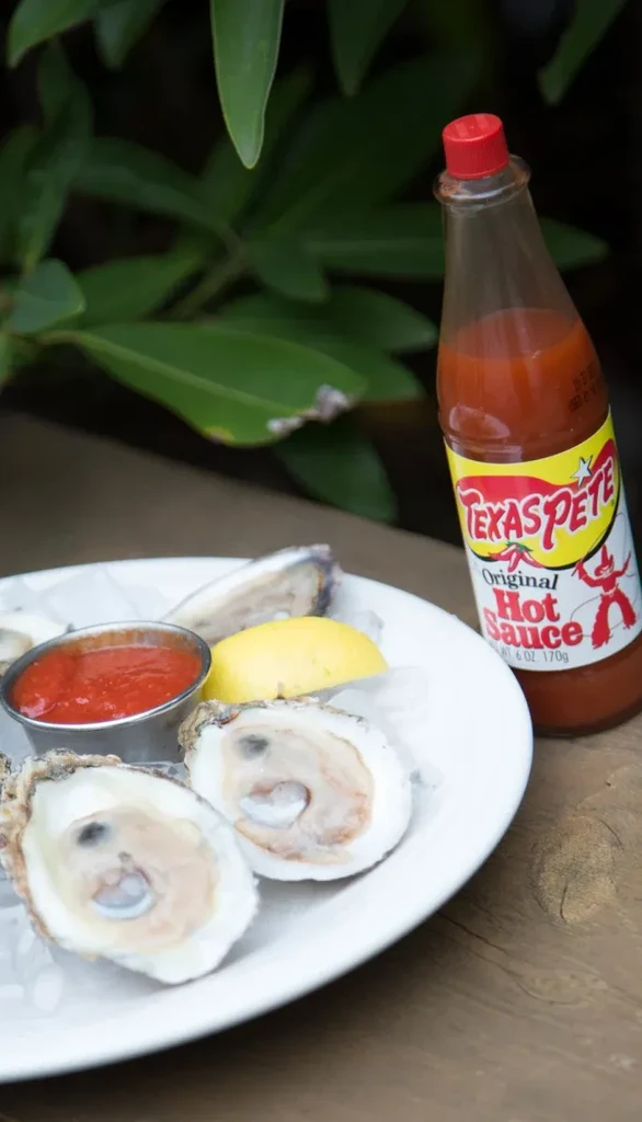 Freshly shucked oysters on ice with sauces, lemon, and Texas Pete.