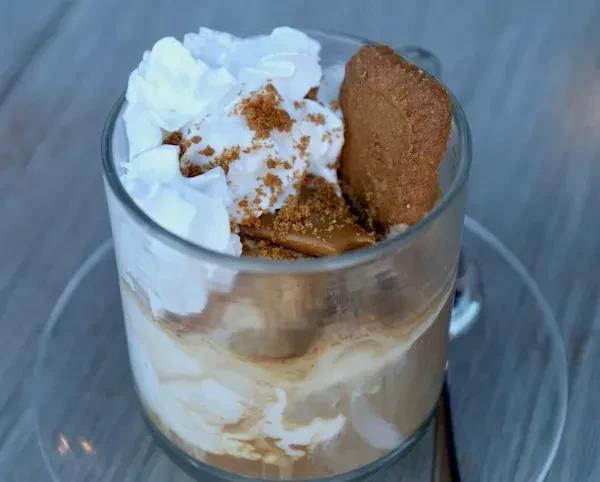 Layered creamy drink with whipped cream, cookie, and crumbs.