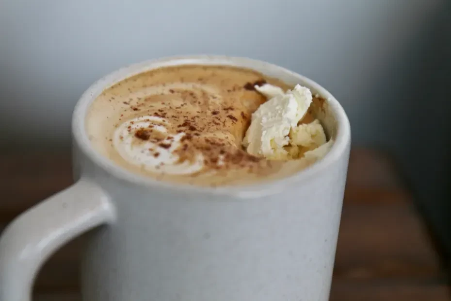 Rustic mug of hot coffee with frothy milk, powder, and melting cream.