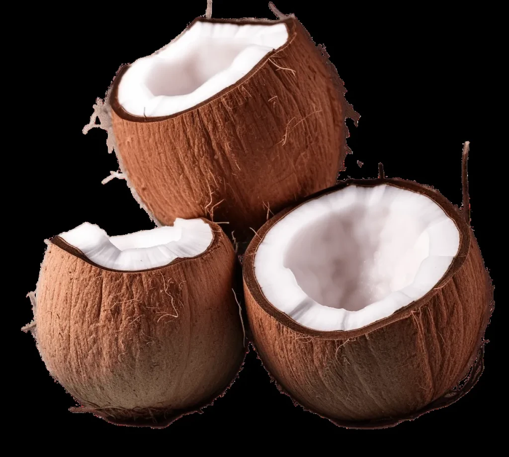 Three halved coconuts, white flesh and brown shell against black.