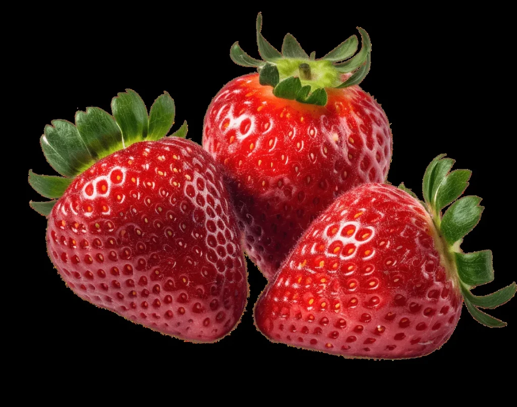 Three ripe red strawberries with green caps on black background.