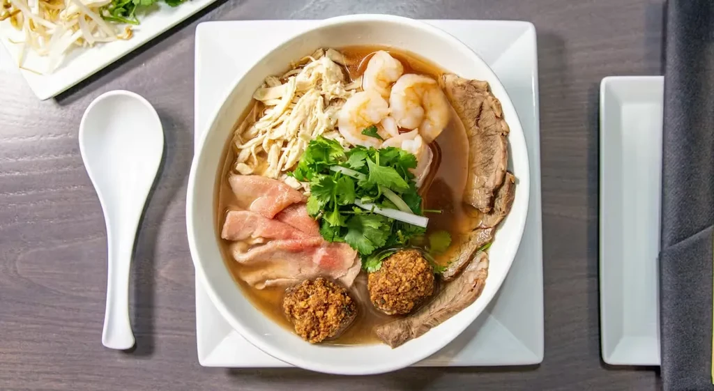 Overhead: Large noodle soup with beef, chicken, shrimp, meatballs, herbs.