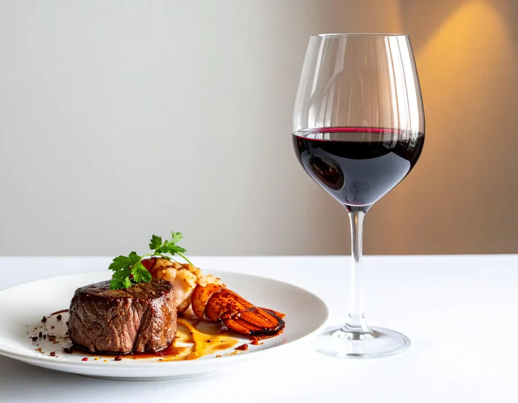 A filet mignon, lobster tail, and glass of red wine.