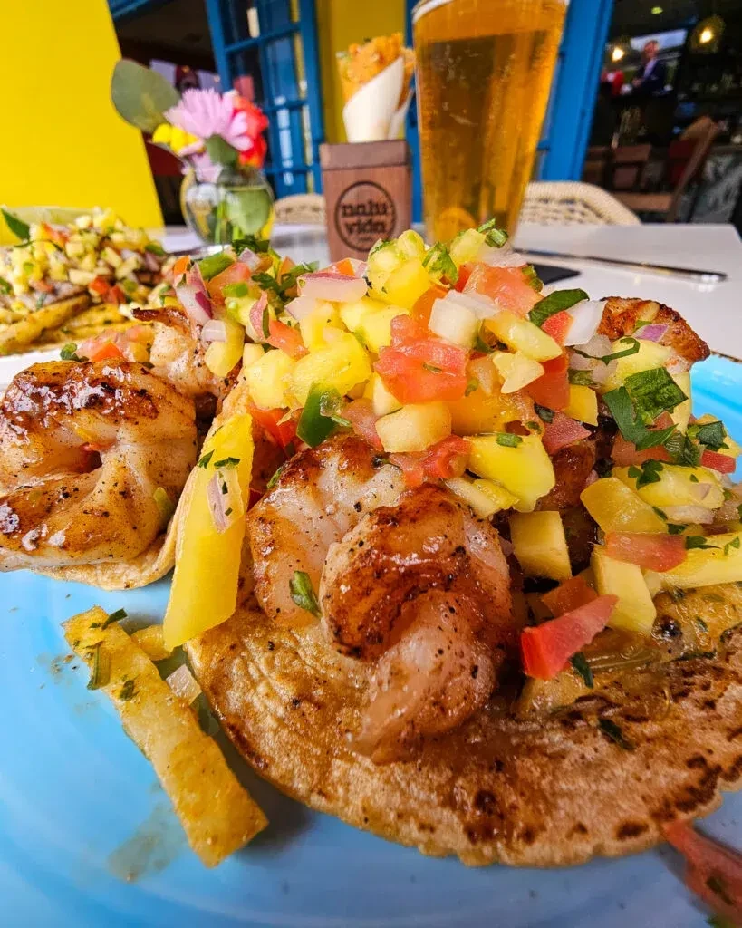 Vibrant close-up of two shrimp tacos with colorful mango and herb salsa.
