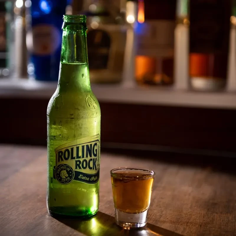 Chilled Rolling Rock bottle and shot glass on a dark bar.