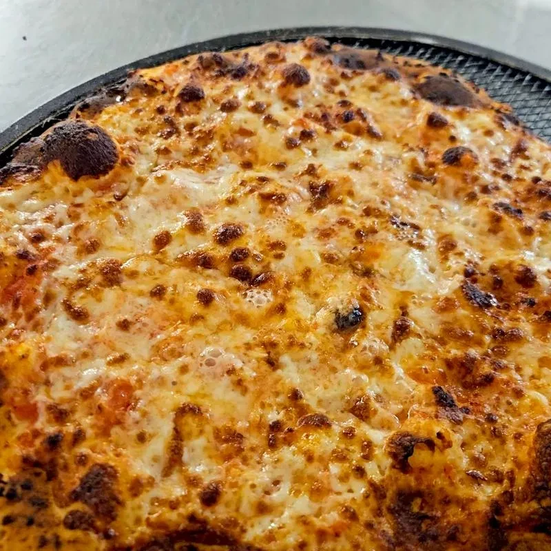 Close-up of a freshly baked pizza with melted cheese and rustic crust.