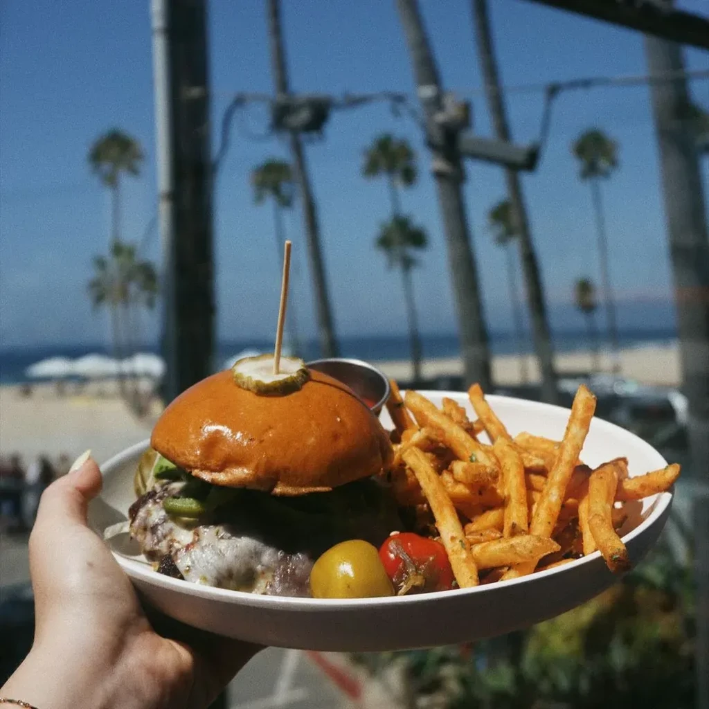 A cheeseburger and fries served overlooking a sunny beach with palm trees.