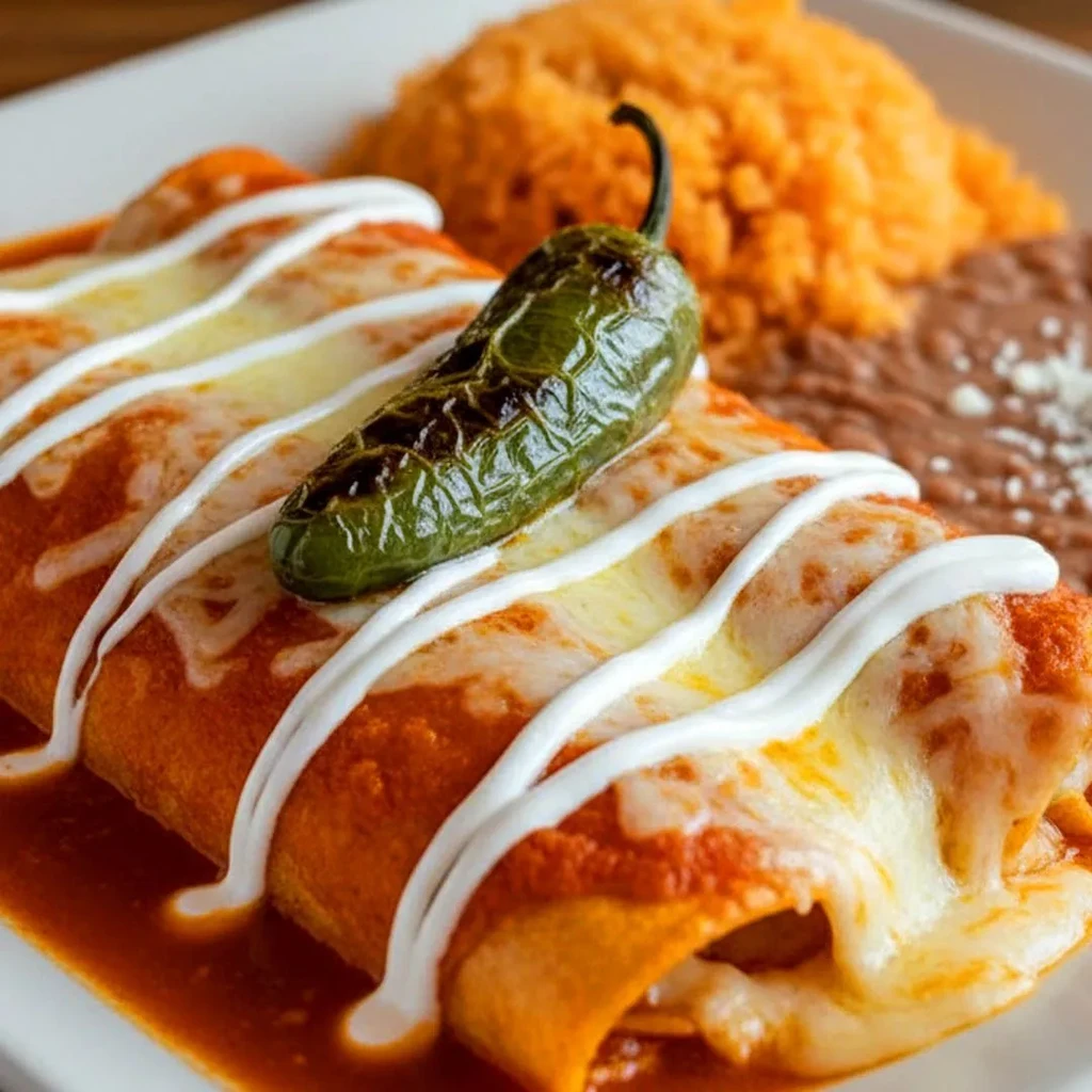 Two red enchiladas with cheese, rice, beans, and a charred jalapeño.