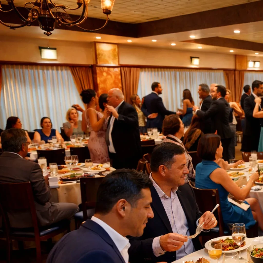 Lively banquet hall event with many people eating, drinking, socializing.