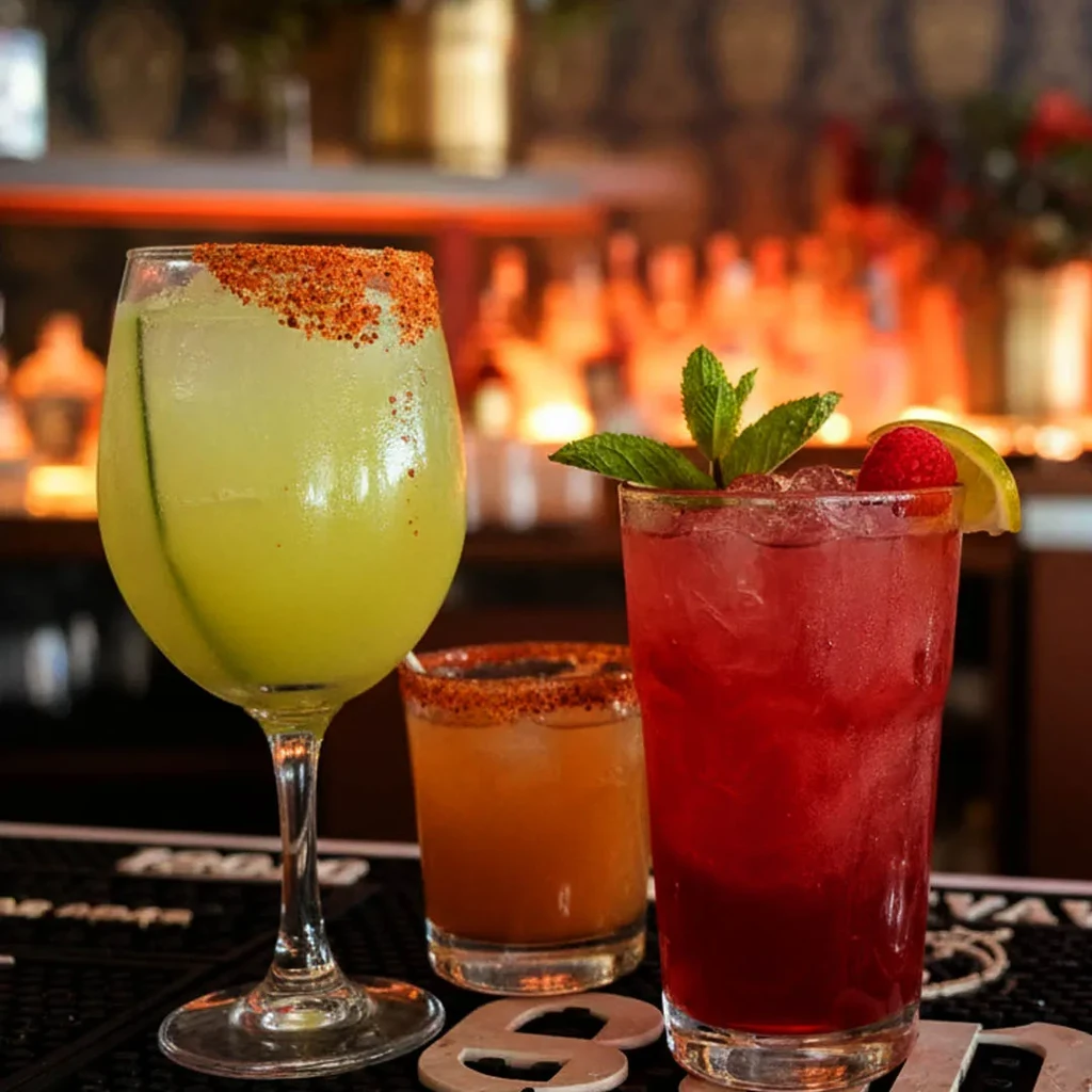 Three distinct garnished drinks on a bar mat.
