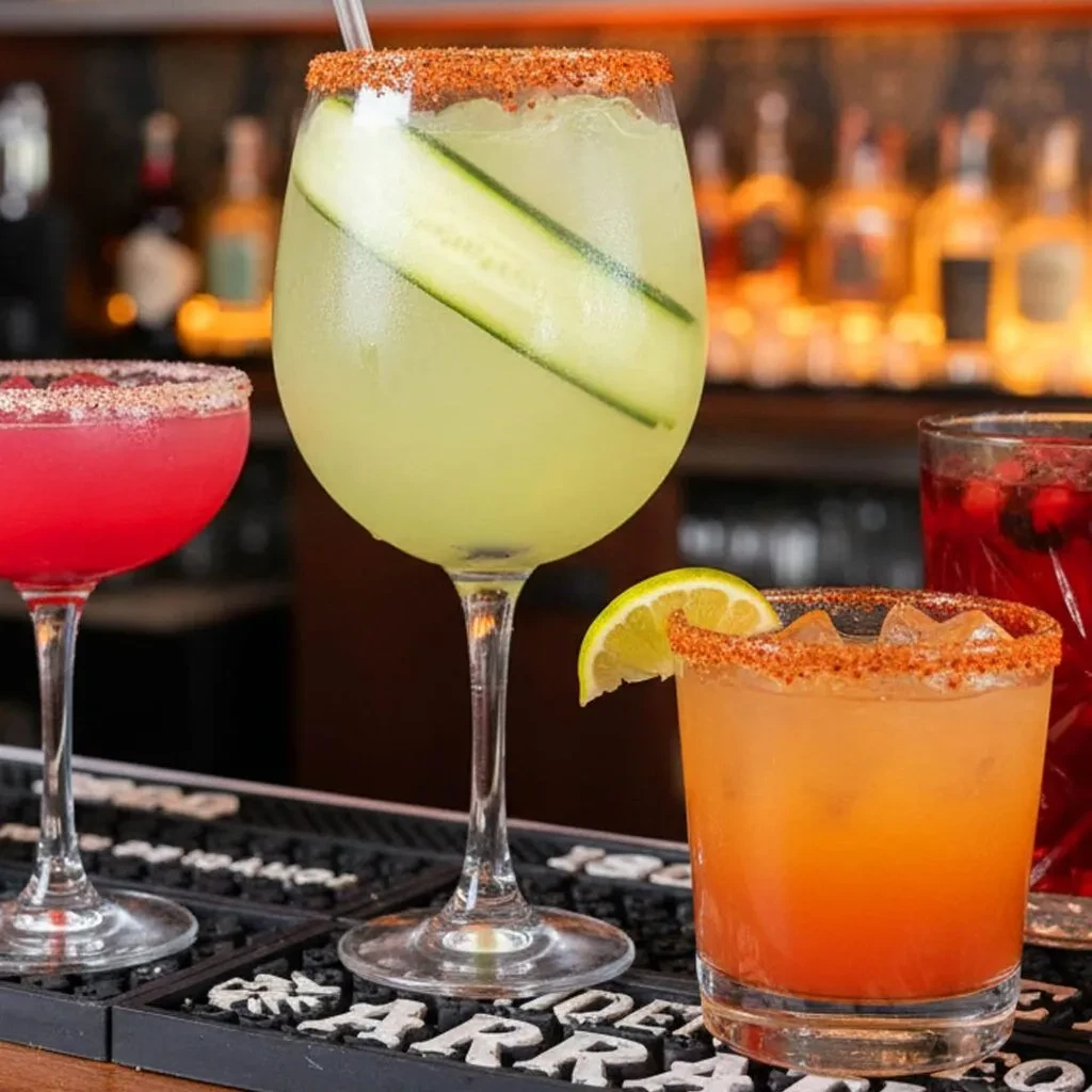 Multiple vibrant cocktails with spiced rims and fruit garnishes on a bar mat.