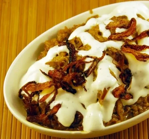 Top-down view: Savory stew with creamy white sauce and crispy fried garnishes.