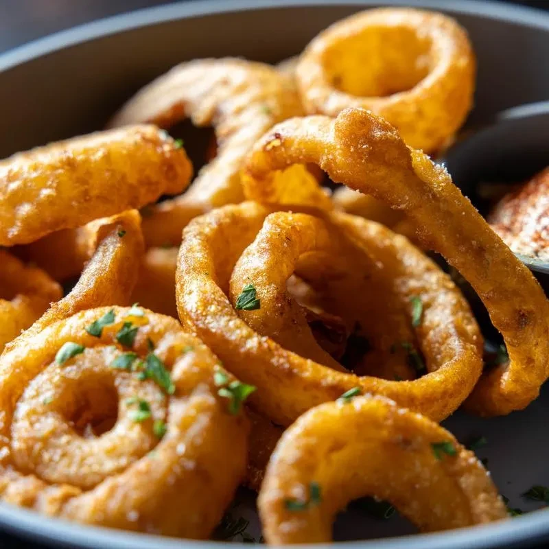 Close-up of crispy golden curly fries and onion rings, sprinkled with herbs.