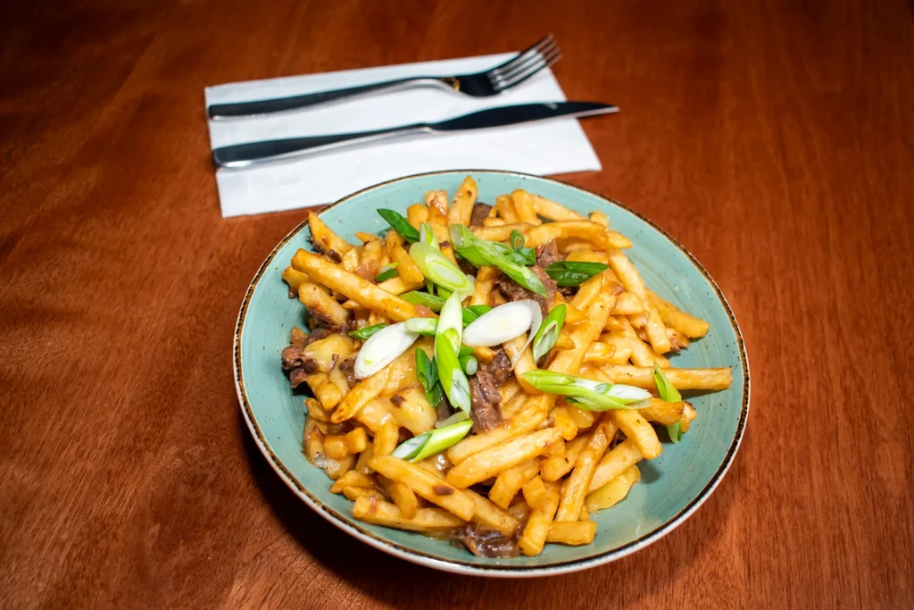 Golden fries with savory meat, gravy, and green onions in a teal bowl.