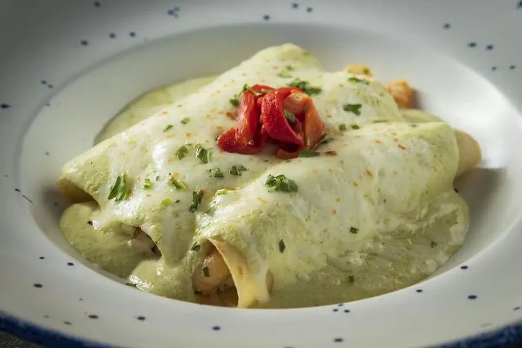 Three enchiladas or crepes in green sauce, cheese, and red peppers.