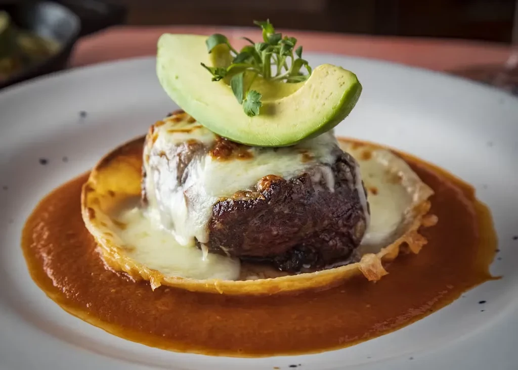 Plated dish with meat, melted cheese, avocado, and sauce.