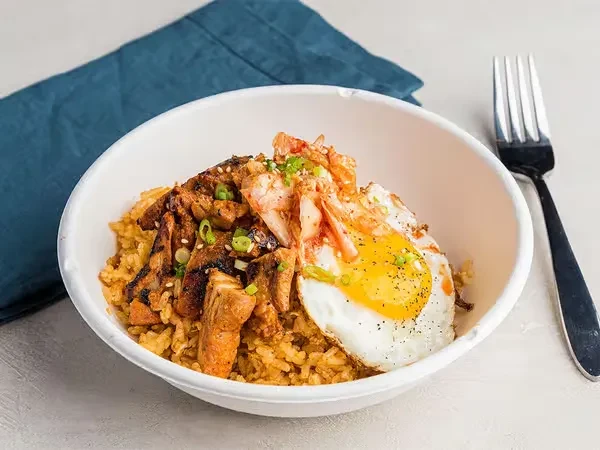 Rice bowl with grilled meat, fried egg, and green onions.