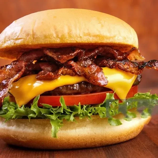 Close-up of a burger with bacon, cheese, tomato, and lettuce.