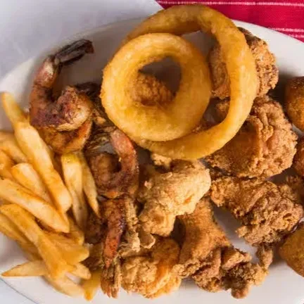 Close-up overhead shot of a platter of fried food.