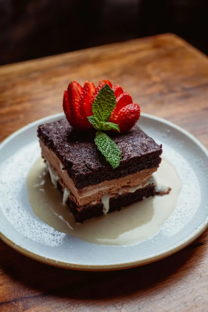 Layered chocolate cake with strawberries, mint, and cream on a plate.