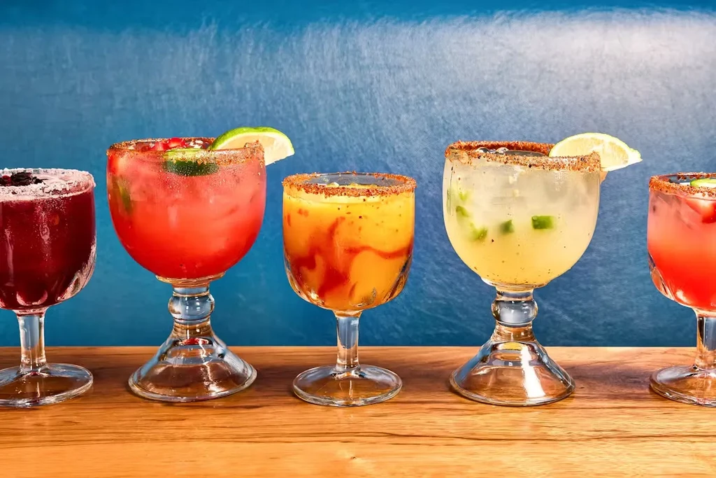 Five colorful cocktails with various garnishes and spiced rims.