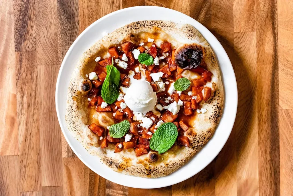 Gourmet pizza with orange pieces, white cheese, and mint leaves.