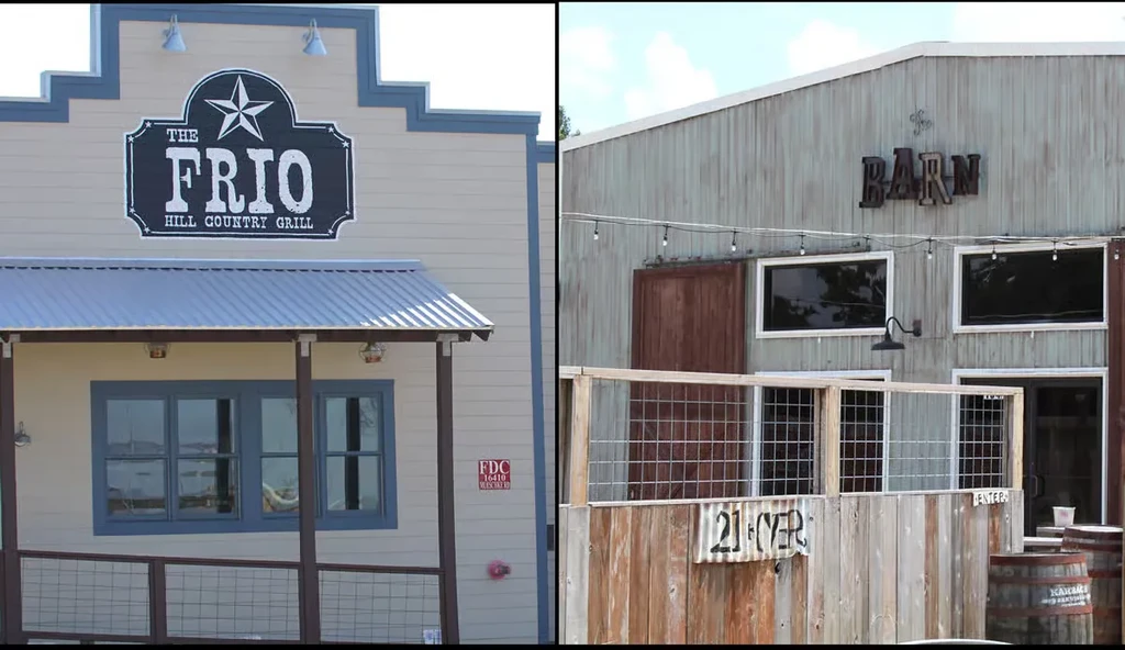 Exteriors of Frio Hill Country Grill and The Barn restaurant/bar.