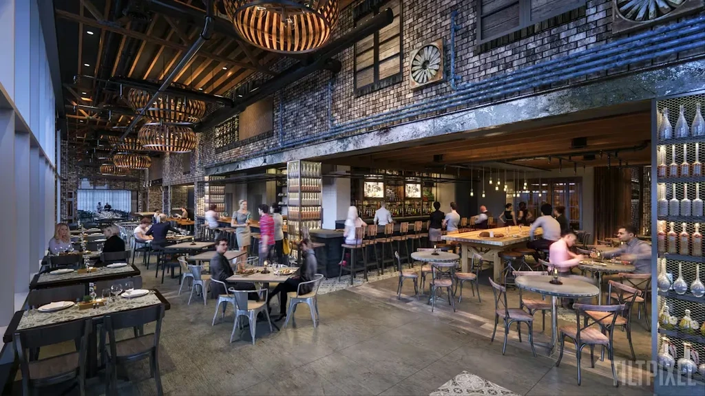 Restaurant interior with exposed brick, wooden beams, and industrial decor.