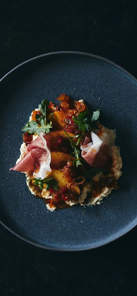 Plated appetizer with peaches, prosciutto, arugula, and creamy spread.