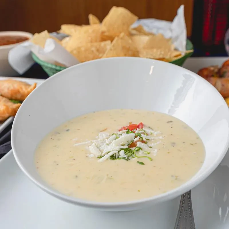 Bowl of queso with tomatoes and herbs, chips in background.