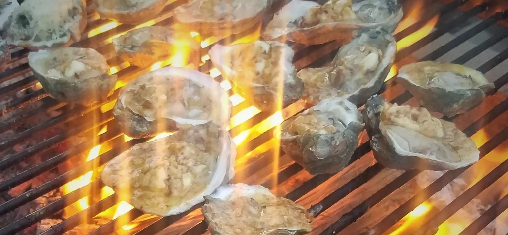 High-angle close-up of oysters grilling over orange and yellow flames.
