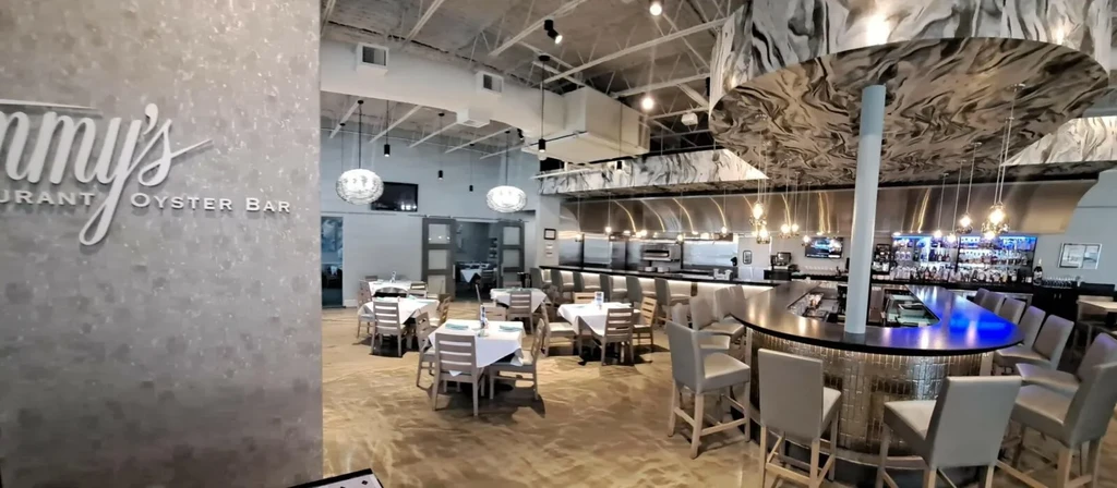 Interior of a modern, empty restaurant and oyster bar.