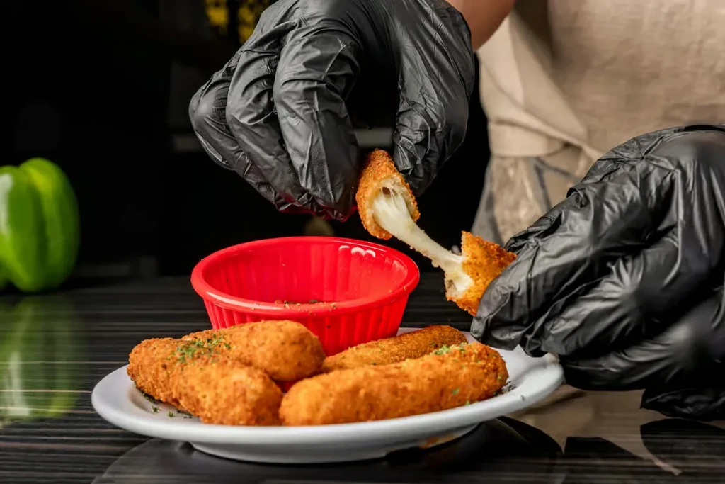 Hands in black gloves pulling apart a mozzarella stick on a plate.