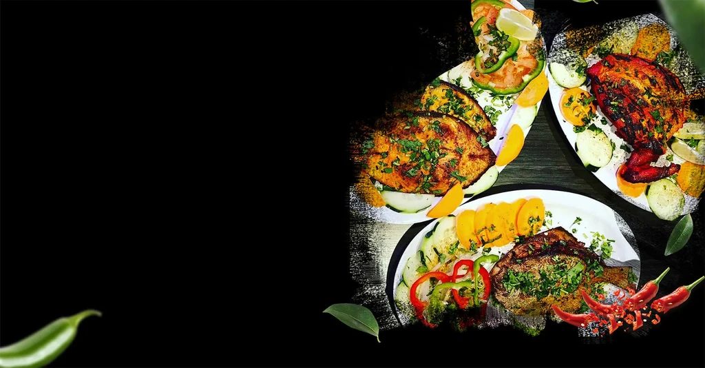 Three plates of grilled food with herbs, vegetables, and fruit.
