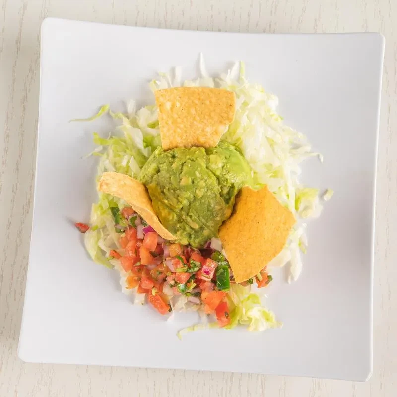 Guacamole, pico de gallo, and tortilla chips on a white plate.