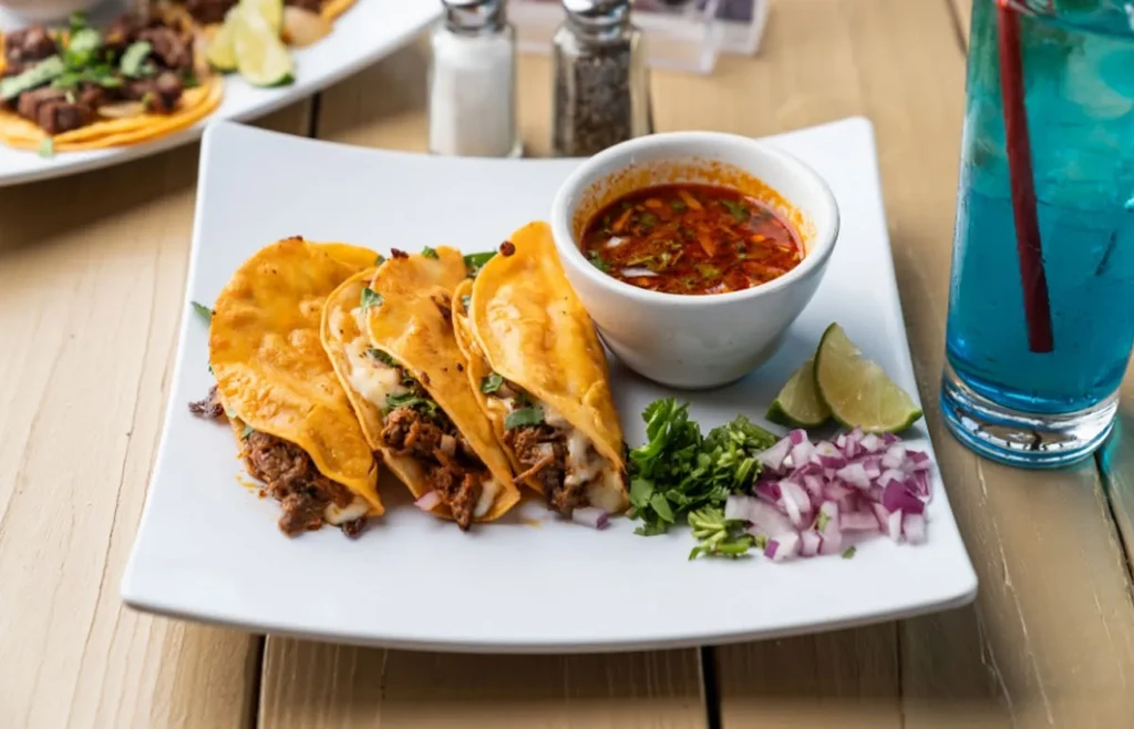 Birria tacos with consome, onions, cilantro, and lime.