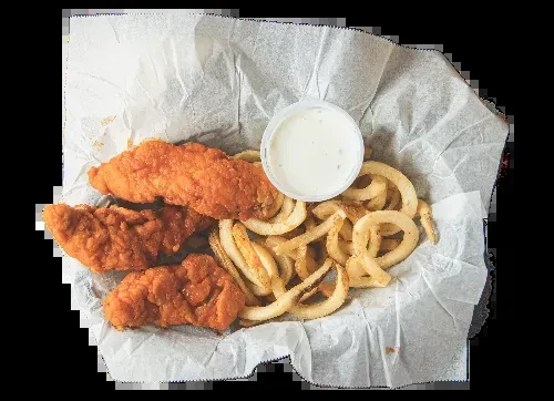 Fried chicken tenders, curly fries, and dipping sauce in a basket.