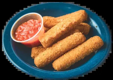 Mozzarella sticks and marinara sauce on a dark blue plate.