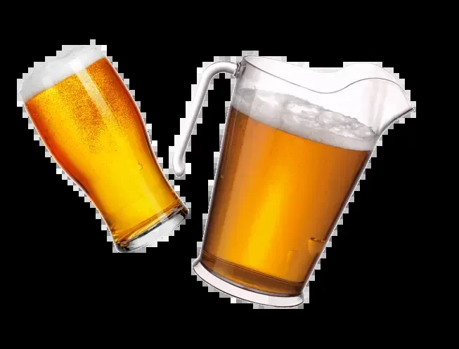 Pilsner glass and plastic pitcher filled with golden beer.