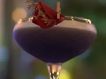 Purple cocktail in a coupe glass garnished with flora.