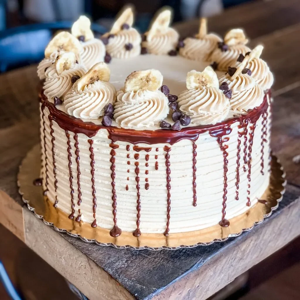 Round cake with beige frosting, chocolate drips, dried bananas.