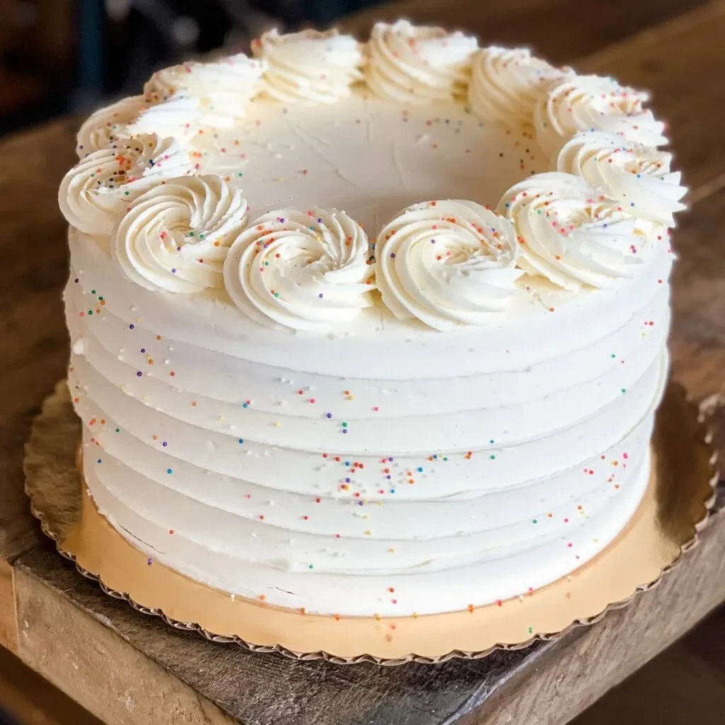 White cake with ridged frosting, rosettes, and rainbow sprinkles.