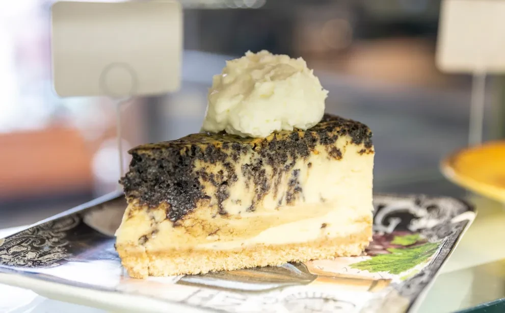 Slice of cheesecake with dark swirl and cream on patterned plate.