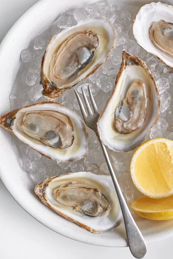 Five freshly shucked oysters on ice with lemon and a fork.