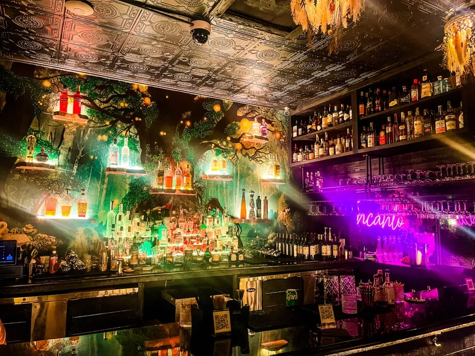 Vibrant bar interior with "encanto" neon sign and nature mural.