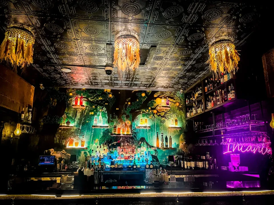 Dimly lit bar with a whimsical forest mural and colorful lights.