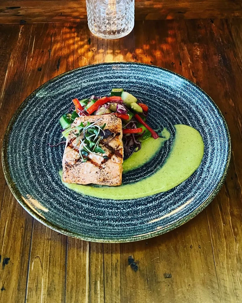 Plated grilled salmon, microgreens, shredded vegetables, side salad, green sauce.